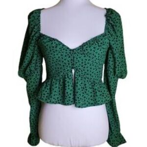 TOPSHOP Women’s Size 6 Heart Print Tea Blouse Mid Green Black Button NEW